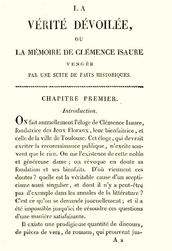 La Vérité dévoilée, ou La mémoire de Clémence Isaure vengée…, Toulouse : 1817, Rosalis