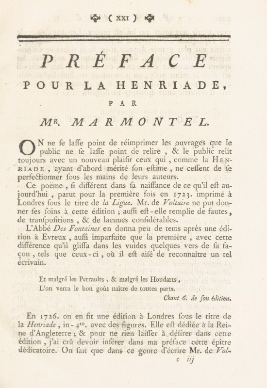 Voltaire, préface de J.-F. Marmontel, La Henriade, en dix chants, [Genève] : 1768, Gallica