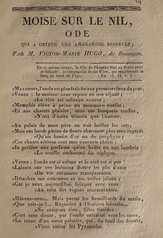 Victor Hugo, Moïse sur le Nil, dans : Recueil de l'Académie des Jeux Floraux, 1820, Bibliothèque de Toulouse, Res. C XIX 164 (1)